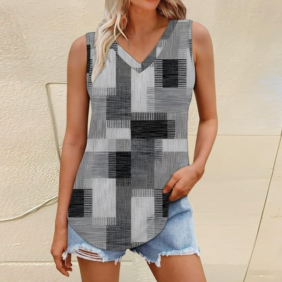 Luowei 2025 Women's Flowy V-Neck Summer Top - Loose Casual Short Sleeve Printed Vest T-Shirt, Grey, S