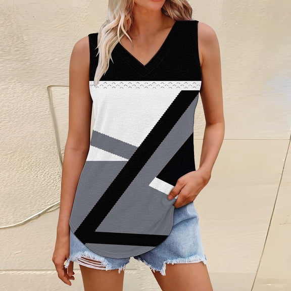 Luowei 2025 Women's Flowy V-Neck Summer Top - Loose Casual Short Sleeve Printed Vest T-Shirt, Grey, XL