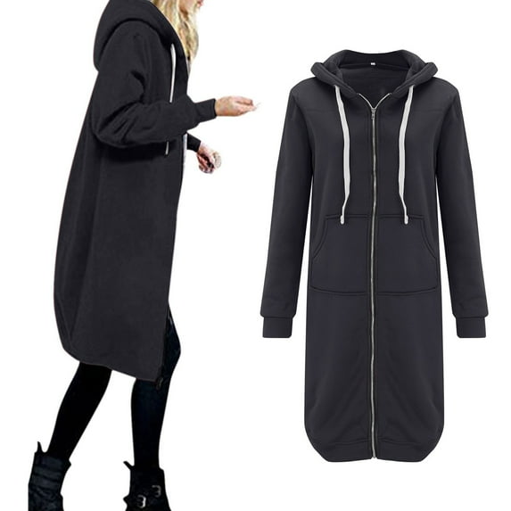 Luowei Christmas Leisure Outdoor Anoraks, Black Winter Windproof Plus Size Anoraks, Women Casual Long Hooded Drawstring Solid Zip Jacket Pockets Jacket Zipper Coat, M
