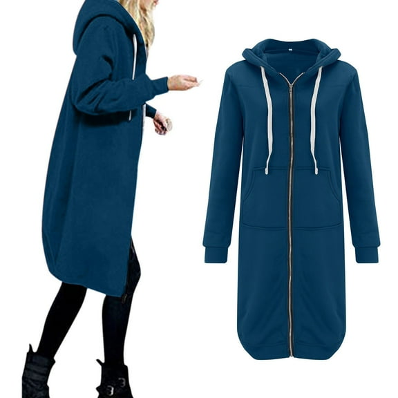 Luowei Christmas Leisure Outdoor Anoraks, Blue Winter Windproof Plus Size Anoraks, Women Casual Long Hooded Drawstring Solid Zip Jacket Pockets Jacket Zipper Coat, XXL