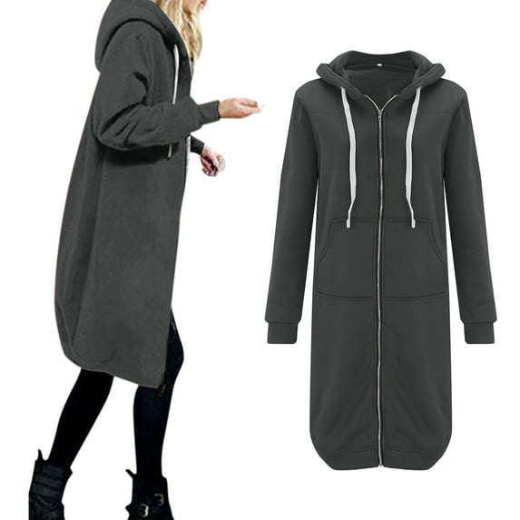 Luowei Christmas Leisure Outdoor Anoraks, Gray Winter Windproof Plus Size Anoraks, Women Casual Long Hooded Drawstring Solid Zip Jacket Pockets Jacket Zipper Coat, 5XL