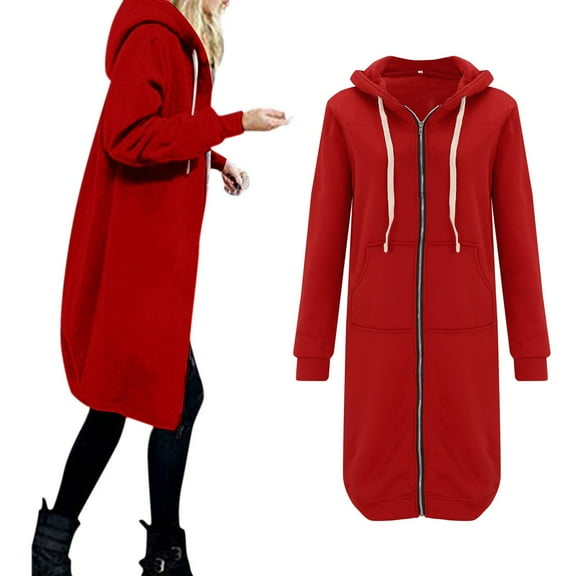 Luowei Christmas Leisure Outdoor Anoraks, Red Winter Windproof Plus Size Anoraks, Women Casual Long Hooded Drawstring Solid Zip Jacket Pockets Jacket Zipper Coat, 3XL