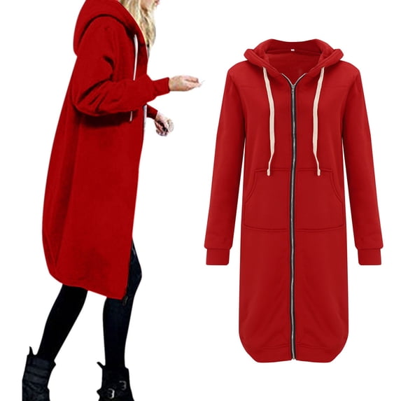 Luowei Christmas Leisure Outdoor Anoraks, Red Winter Windproof Plus Size Anoraks, Women Casual Long Hooded Drawstring Solid Zip Jacket Pockets Jacket Zipper Coat, XL