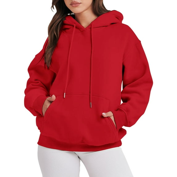 Luowei Winter Thermal Christmas Hoodies, Red Loose Casual Christmas Hoodies, Women's Solid Color Zipperless Long Sleeved Pullover Hooded Sweater, S