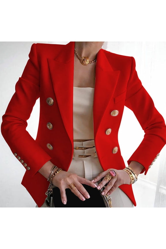 Red Solid Color Jackets, Polyester Women's Suit Jackets, Business Jacket Lady Elegant Button Women Solid Coat Office Outwear Suit Work Women's Coat, XL