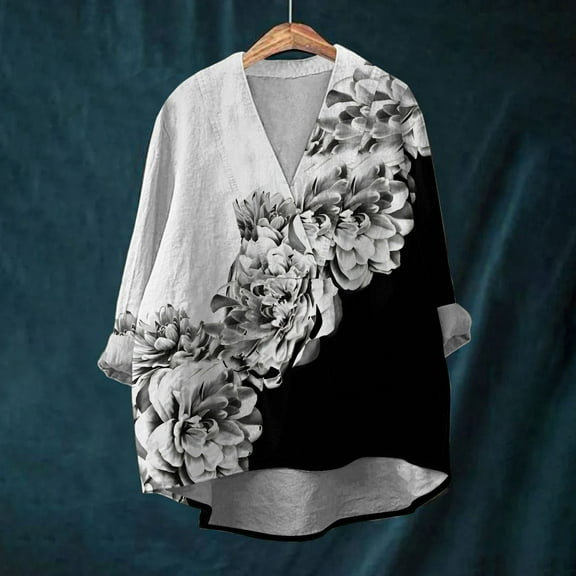 Luowei Cotton Linen Shirts for Women 2024 V Neck Long Sleeve Tops Summer Trendy Blouses Casual Loose Tunic Tops, Black, L