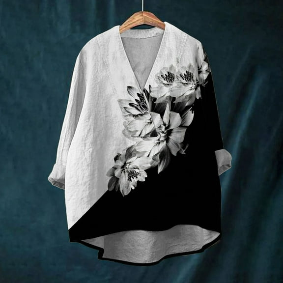 Luowei Cotton Linen Shirts for Women 2024 V Neck Long Sleeve Tops Summer Trendy Blouses Casual Loose Tunic Tops, White, 3XL