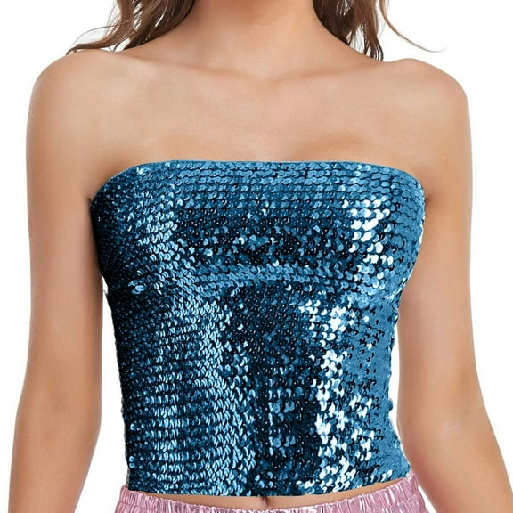 Luowei Fashion Mardi Holiday Womens Sparkling Sequins Stretch Clubwear Tube Top, Blue, One Size