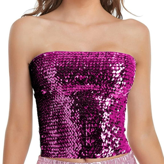 Luowei Fashion Mardi Holiday Womens Sparkling Sequins Stretch Clubwear Tube Top, Pink, One Size