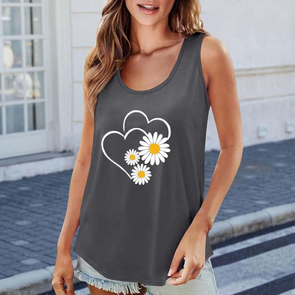 Luowei Summer Tops for Women's 2025 Trendy Round Neck Short Sleeve Vest - 2D Printed Casual Loose Fit with Versatile Suspender Design, Grey, M