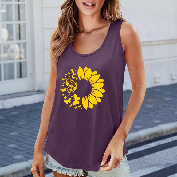 Luowei Summer Tops for Women's 2025 Trendy Round Neck Short Sleeve Vest - 2D Printed Casual Loose Fit with Versatile Suspender Design, Purple, M