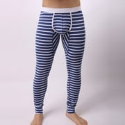 Luowei Thermal Striped Christmas Men's Underwear, Blue Christmas Printed Underwear, Mens Striped Breathe Patchwork Low Rise Leggings Long Johns Thermal Pant, L