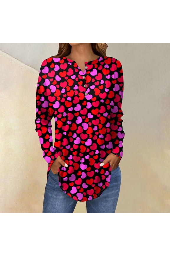 Valentine Tops for Women Tunic Tops Button Down V Neck Heart Shirt Long Sleeve Plus Size Blouses Winter Outfit, Pink, M