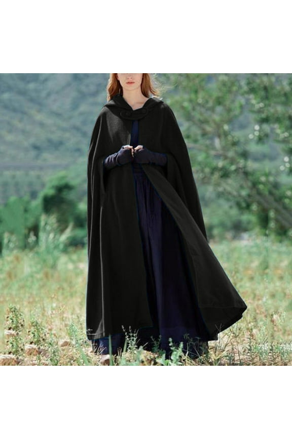 Warm Outdoor Fleece Coat, Black Loose Casual Winter Coats, Hooded Long Women Cape Winter Casual Vintage Overcoat Girl Fashion Button Female Cloak Wool Coat, L