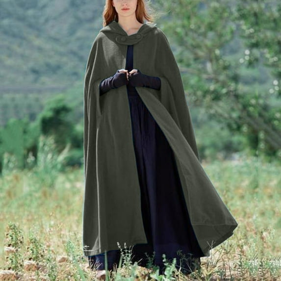 Luowei Warm Outdoor Fleece Coat, Green Loose Casual Winter Coats, Hooded Long Women Cape Winter Casual Vintage Overcoat Girl Fashion Button Female Cloak Wool Coat, S