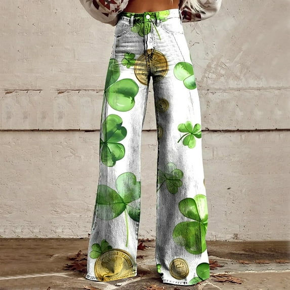 Luowei Wide Leg Pants Woman High Waist Floral Patterned Pants Lightweight Loose Fit Casual Colorful Trouser Imitation Jeans, Green, 3XL