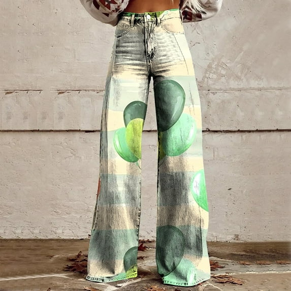 Luowei Wide Leg Pants Woman High Waist Floral Patterned Pants Lightweight Loose Fit Casual Colorful Trouser Imitation Jeans, Green, 5XL