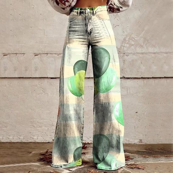 Luowei Wide Leg Pants Woman High Waist Floral Patterned Pants Lightweight Loose Fit Casual Colorful Trouser Imitation Jeans, Green, XL