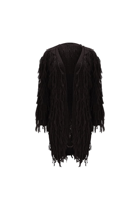 Winter Thermal Christmas Cardigan, Black Long Sleeve Christmas Cardigan, Womens Cable Knit Fringe Tassel Mid Length Cardigans Open Front Sweater Cardigan Neck Fringe Jacket Trench Coat Outwe