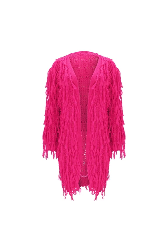 Winter Thermal Christmas Cardigan, Pink Long Sleeve Christmas Cardigan, Womens Cable Knit Fringe Tassel Mid Length Cardigans Open Front Sweater Cardigan Neck Fringe Jacket Trench Coat Outwea