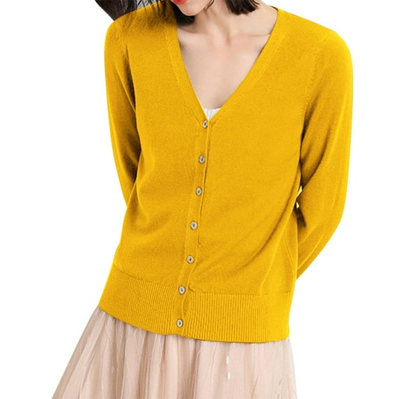 Luowei Winter Thermal Christmas Cardigan, Yellow Soft Pullover Cardigan, Women's Classic Button Down Long Sleeve V Neck Soft Knit Sweater, XL
