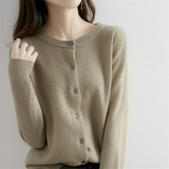 Luowei Winter Thermal Christmas Cardigan, Yellow Soft Pullover Cardigan, Womens Basic Crew Neck Long Sleeve Button Down Cardigan, S