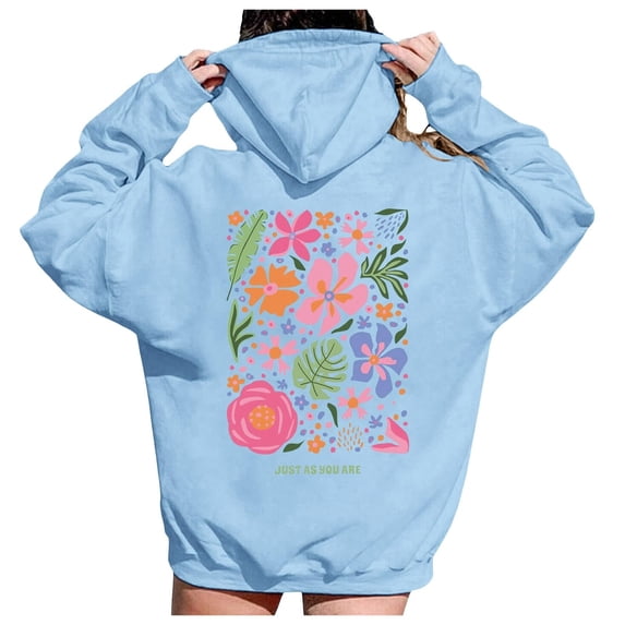Blue Long Sleeve Pullover Tops, Polyester Women's Pullover Outwear Hoodies, Letter Graphic Print Hoodies for Women New York Oversized Long Sleeve Casual Drawstring Fall Pullover Sweatshirt Tops, M
