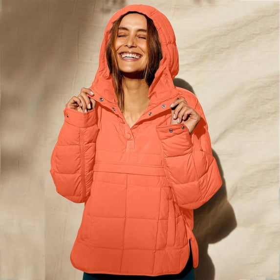 Luowei Winter Thermal Christmas Hoodies, Orange Loose Casual Christmas Hoodies, Women's Quilted Pullover Puffer Jacket Oversized Long Sleeve Hooded Coats Winter Warm Lightweight Outwear With Poc
