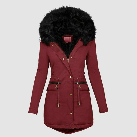 Luowei Winter Thermal Christmas Jackets, Red Loose Casual Outdoor Coats, Women Plus Size Lapel Collar Long Sleeve Vintage Thicken Jacket Warm Hooded Thick Padded Outerwear Big Collar Jackets, 4XL