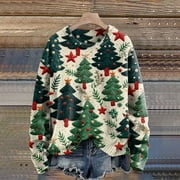 Luowei Winter Thermal Christmas Sweatshirts, Multi-Color Winter Windproof Leisure Sweatshirts, Christmas Art Tree Print Retro Casual Pullover Sweatshirt, 5XL