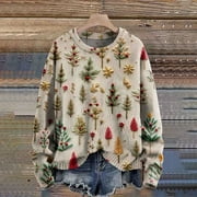 Luowei Winter Thermal Christmas Sweatshirts, Multi-Color Winter Windproof Leisure Sweatshirts, Christmas Winter Christmas Tree Round Neck Fashion Retro Casual Printed Sweatshirt, XXL