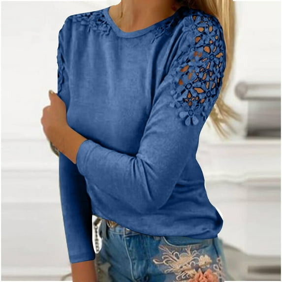 Luowei Winter Thermal Christmas Top, Blue Christmas Solid Color Top, Women's Round Neck Solid Color Hollow Stitching Long Sleeved T Shirt, 3XL