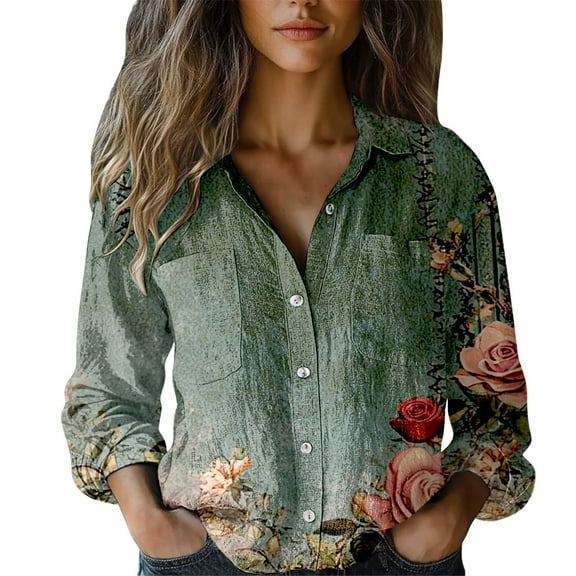 Luowei Women Cotton Shirt Printed Fashion Button Down Shirts Casual Tops Long Sleeve Blouse, Green, XXL