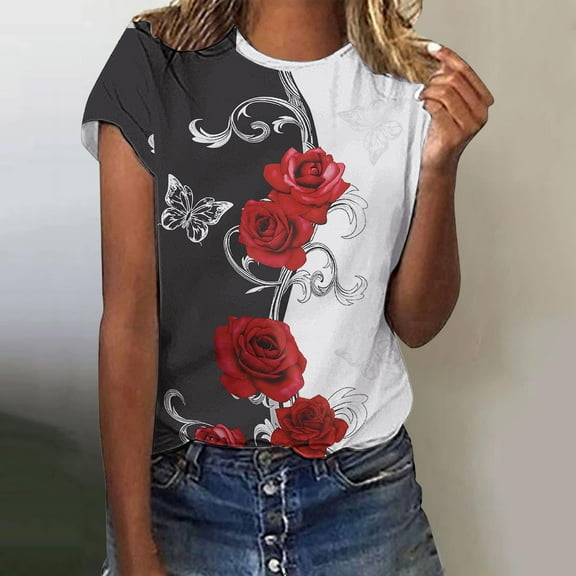 Luowei Women Daily Casual Flowers Printed Short Sleeve O Neck T Shirt Tops, Black, L