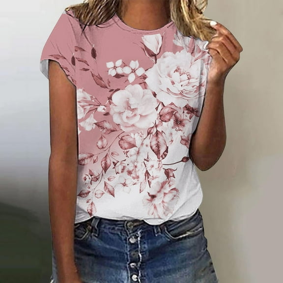 Luowei Women Daily Casual Flowers Printed Short Sleeve O Neck T Shirt Tops, Pink, S