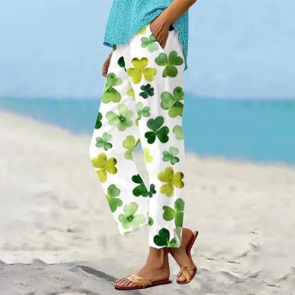 Luowei Women Summer Elastic Waist Crop Pants Plus Size Straight Leg Slack Casual Trouser with Pocket, Green, L