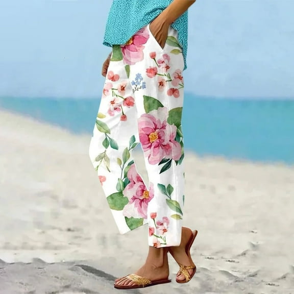 Luowei Women Summer Elastic Waist Crop Pants Plus Size Straight Leg Slack Casual Trouser with Pocket, White, S