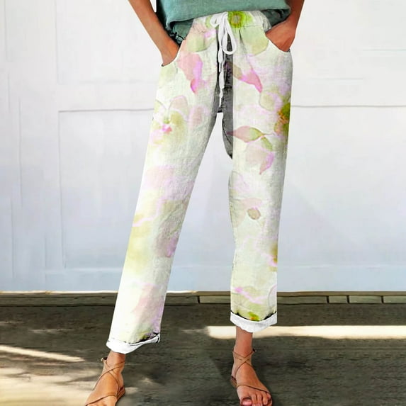 Luowei Women's Autumn Fragrant Linen Linen Vintage Floral Print Casual Pants – Perfect for Spring Comfortable and Trendy for Relaxed Days and Everyday Wear, Green, L