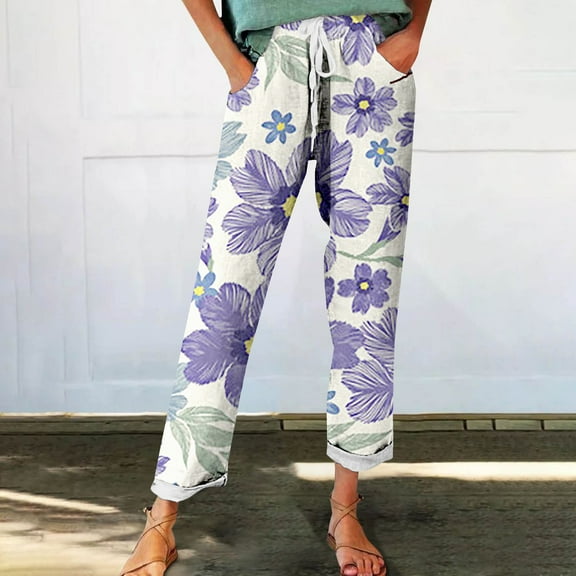 Luowei Women's Autumn Fragrant Linen Linen Vintage Floral Print Casual Pants – Perfect for Spring Comfortable and Trendy for Relaxed Days and Everyday Wear, Purple, M