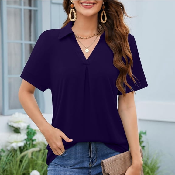 Luowei Women's Collared V-Neck Short Sleeve Blouse - Loose Fit Summer Casual Shirt for Daily Outfits, Purple, M