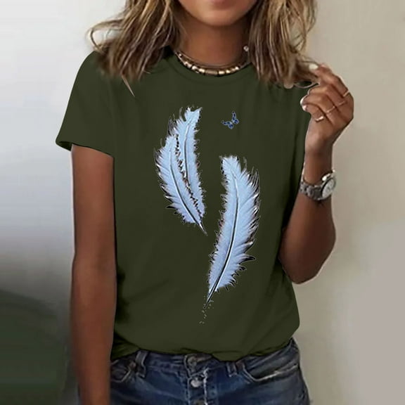 Luowei Women's Feather Print Round Neck Short Sleeve T-Shirt - Stylish & Comfortable Casual Blouse, Green, M
