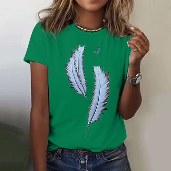 Luowei Women's Feather Print Round Neck Short Sleeve T-Shirt - Stylish & Comfortable Casual Blouse, Green, S