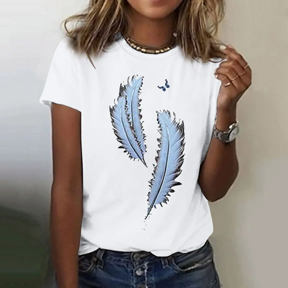 Luowei Women's Feather Print Round Neck Short Sleeve T-Shirt - Stylish & Comfortable Casual Blouse, White, XXL