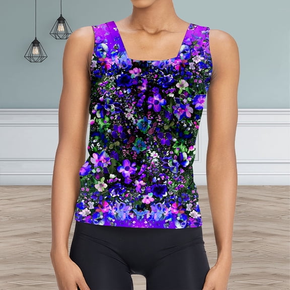 Luowei Women's Floral Oil Print Pleated Vest - Casual Square Neck Loose Sleeveless Top for Summer Style, Black, L