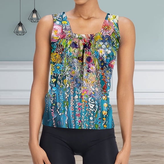 Luowei Women's Floral Oil Print Pleated Vest - Casual Square Neck Loose Sleeveless Top for Summer Style, Grey, S