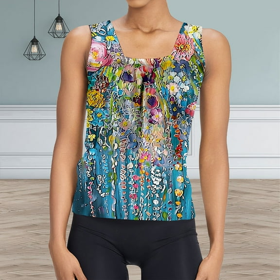 Luowei Women's Floral Oil Print Pleated Vest - Casual Square Neck Loose Sleeveless Top for Summer Style, Grey, XXL
