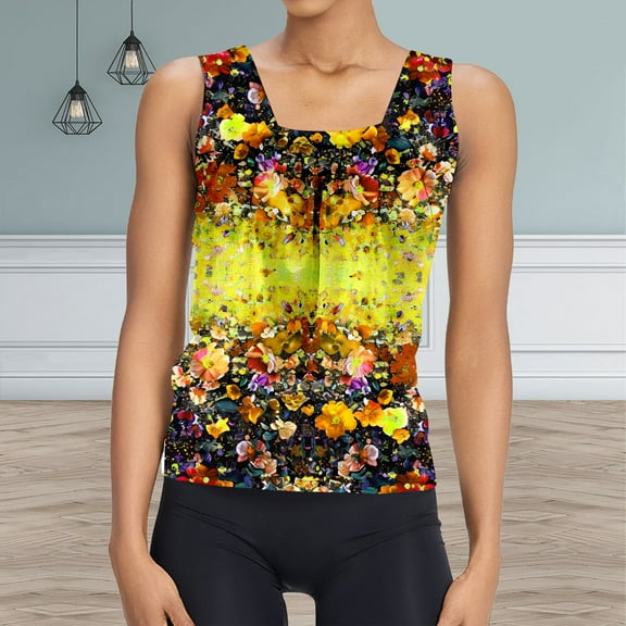 Luowei Women's Floral Oil Print Pleated Vest - Casual Square Neck Loose Sleeveless Top for Summer Style, White, L