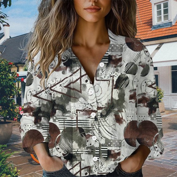 Luowei Women's Long - Sleeve Printed Cotton Button - Down Blouses Casual Tops for Trendy Everyday Wear, Gray, L