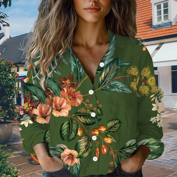 Luowei Women's Long - Sleeve Printed Cotton Button - Down Blouses Casual Tops for Trendy Everyday Wear, Green, XXL