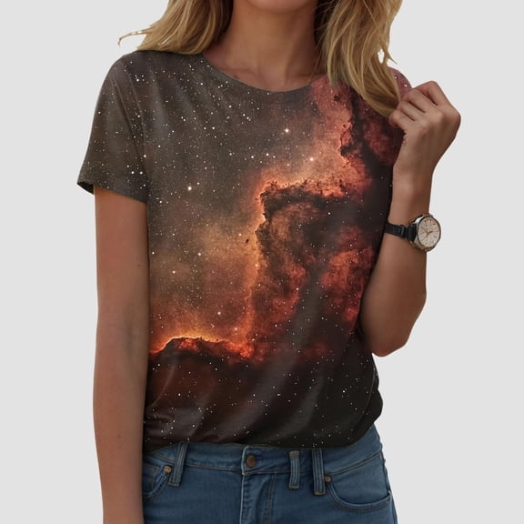 Luowei Women's Loose Fit Round Neck Short Sleeve Top - Starry Print Casual Blouse for Spring & Summer, Brown, S